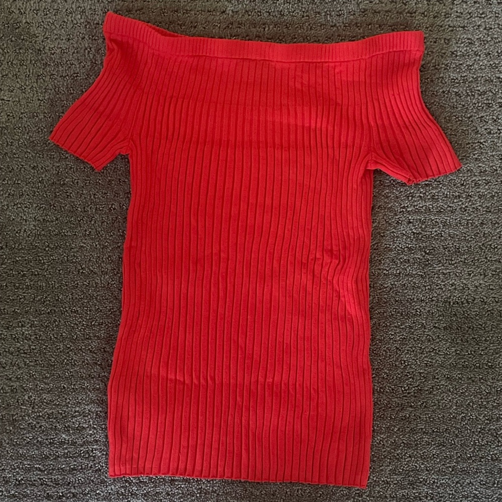 Ann Taylor Red Ribbed Off-the-Shoulder Top
